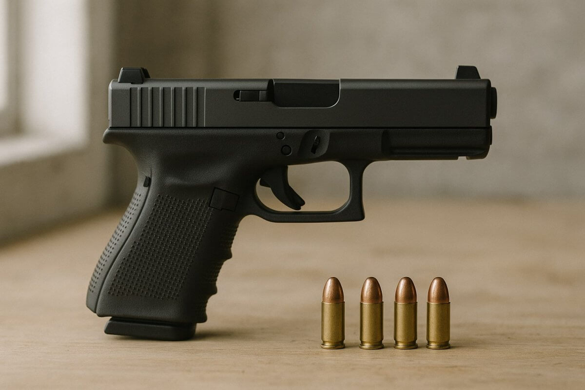Pistolet moderne de calibre 9 mm Parabellum et cartouches à côté
