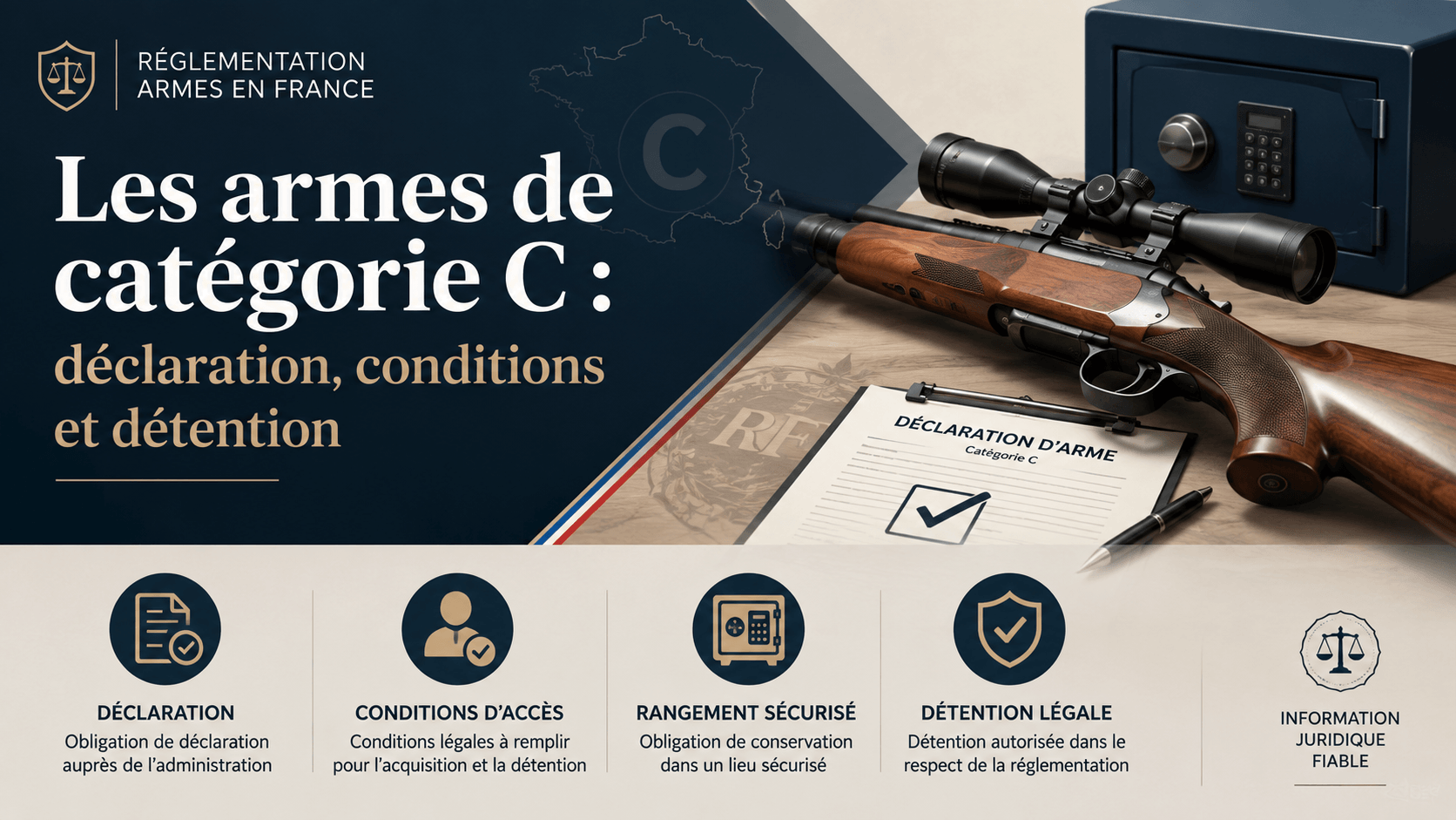 Infographie des points clés des armes catégorie C : déclaration, acquisition, stockage