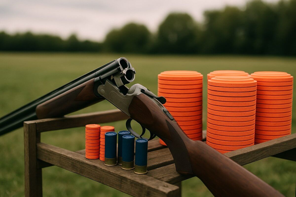 Ball-trap : fusil superposé, plateaux d'argile orange et cartouches sur un stand