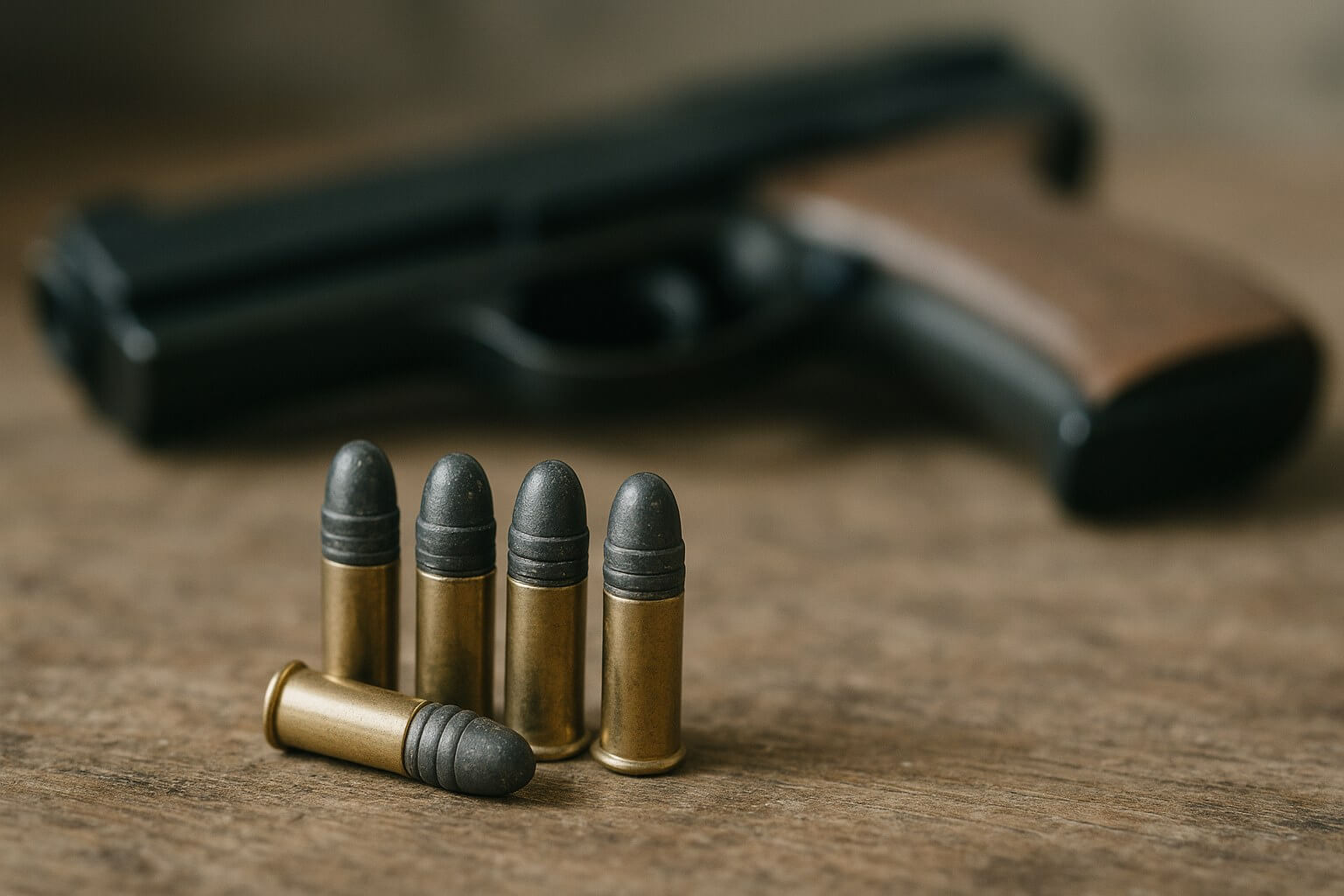Pistolet 22lr et cartouches sur un établi