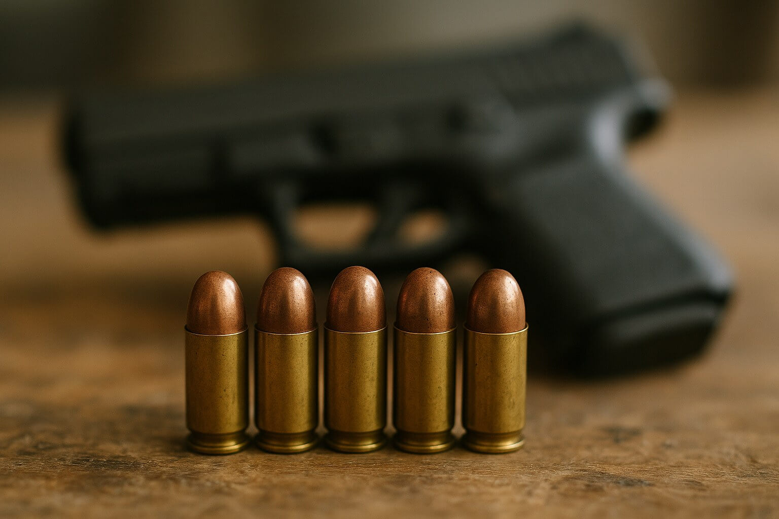 Pistolet 9mm et cartouches 9x19 sur un établi