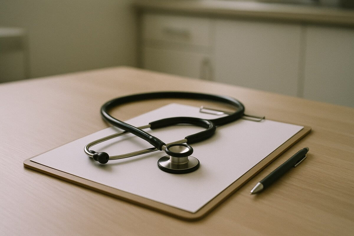 Certificat médical de tir : stéthoscope et formulaire chez le médecin