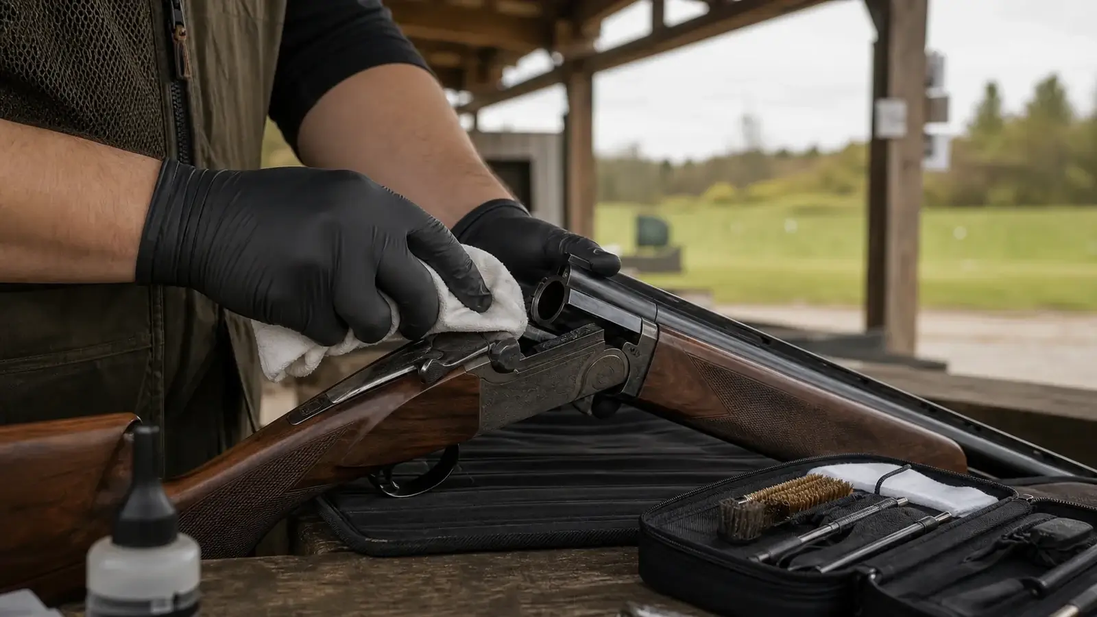 Dégraissage d'un fusil au stand de tir avec chiffon et kit de nettoyage