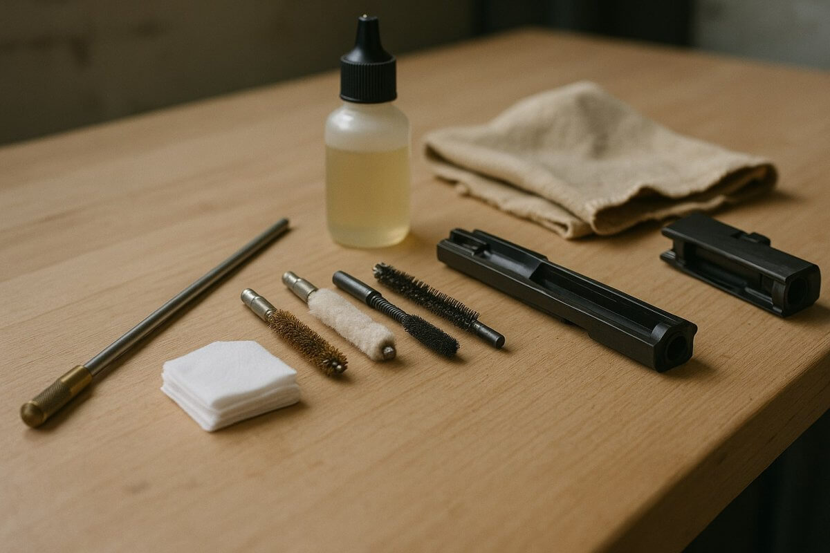 Kit de nettoyage d'arme : baguette, écouvillons, tampons et huile