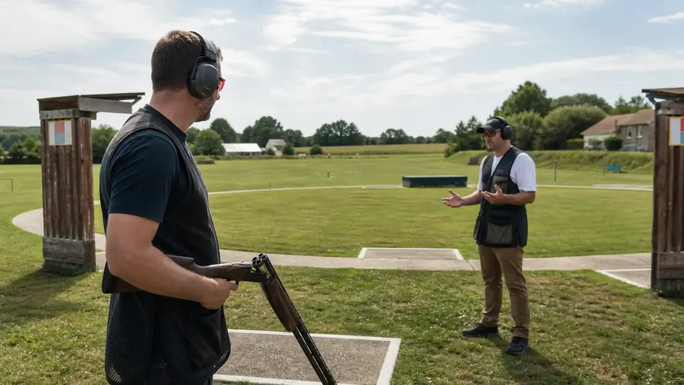 Deux tireurs de skeet sur le pas de tir d un parcours de ball-trap