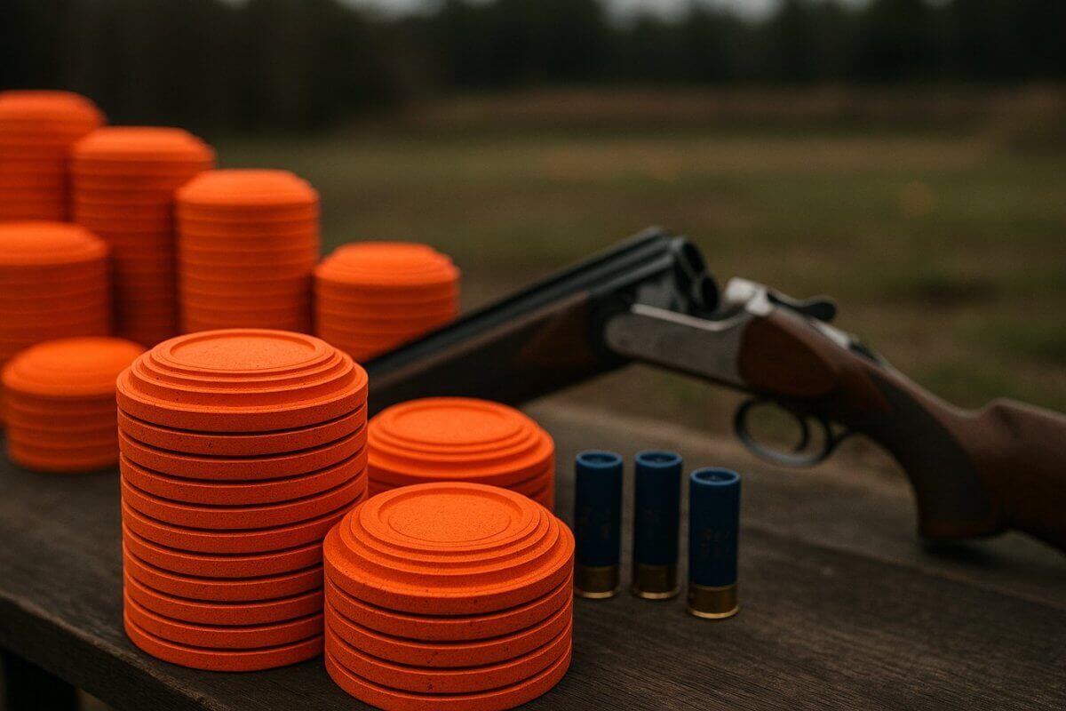 Licence ball-trap : plateaux d’argile, fusil et cartouches sur un stand
