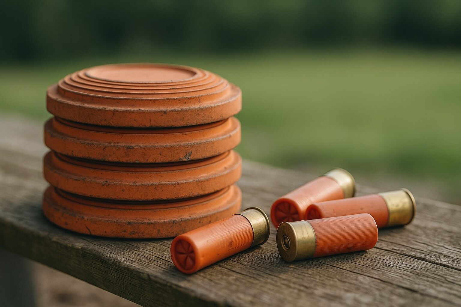 Plateaux d'argile orange et cartouches calibre 12 sur un stand de ball-trap