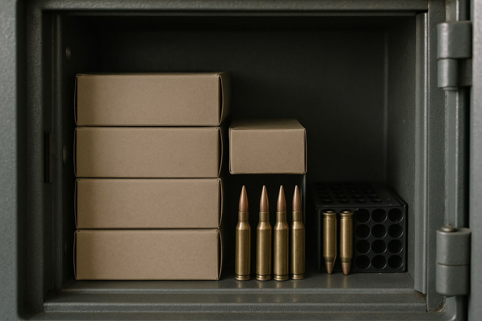 Armoire forte ouverte contenant plusieurs fusils et une boîte de munitions
