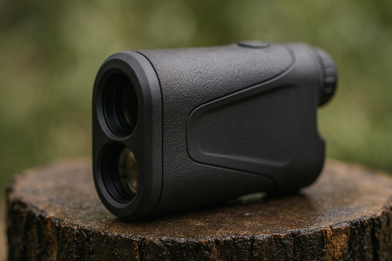 Télémètre laser monoculaire noir posé sur un rondin de bois