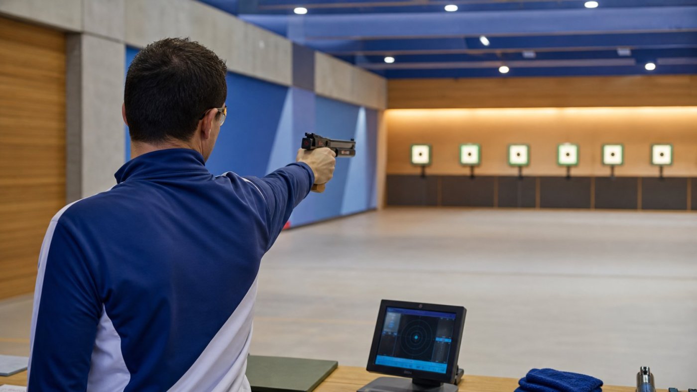 Tireur au pistolet à air comprimé 10 m sur un pas de tir