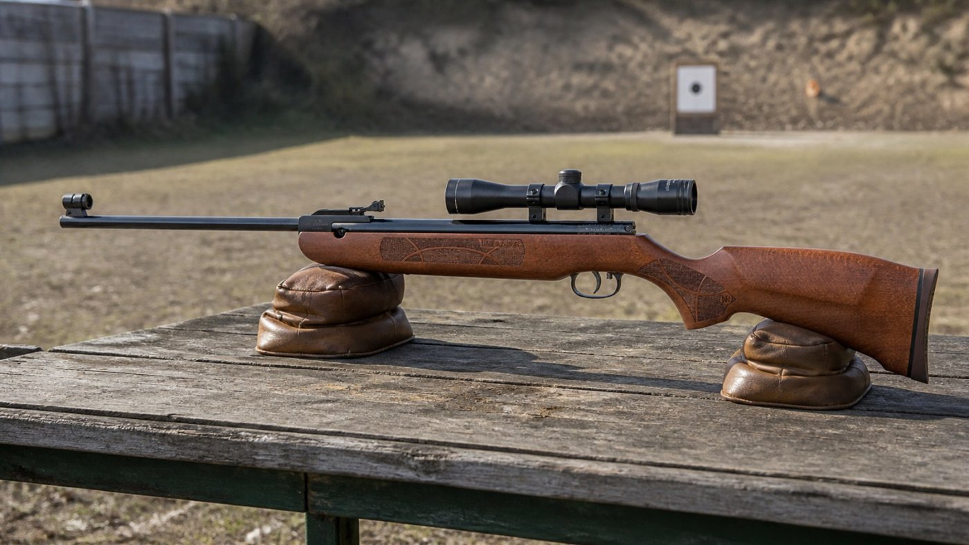 Carabine à plomb Weihrauch HW 50 S avec lunette posée sur un banc de tir