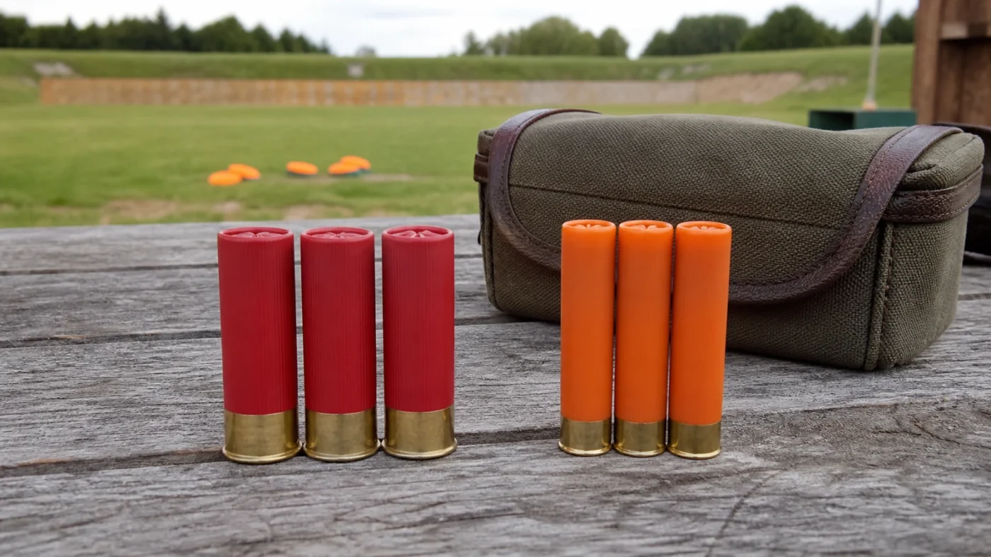 Cartouches de ball-trap calibre 12 alignées devant un fusil superposé