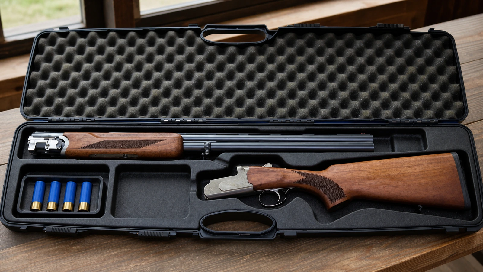 Fusil de sport démonté dans sa mallette, accompagné de quatre cartouches bleues