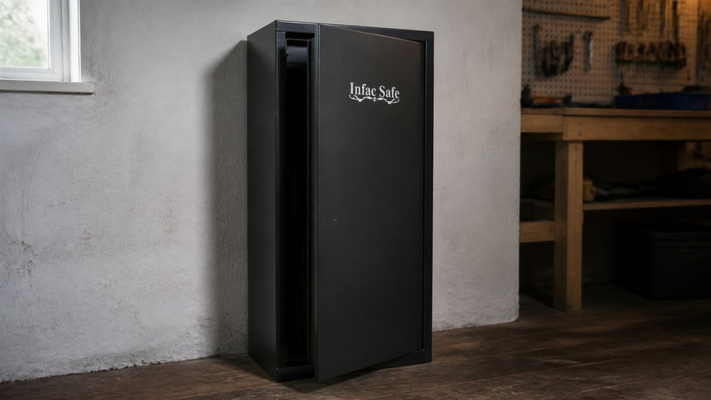 Armoire forte Infac Sentinel SD14 entrouverte dans un atelier