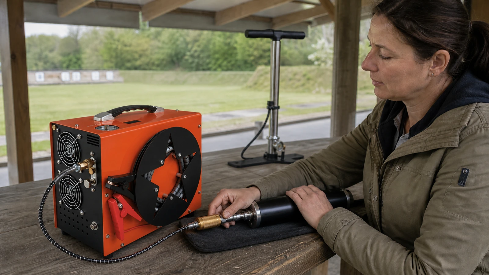Compresseur PCP portable raccordé au réservoir d'une carabine à air comprimé, manomètre et flexible haute pression