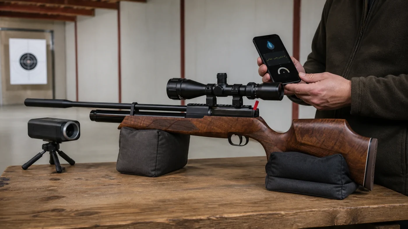 Carabine PCP sur une table de tir avec un chronographe et une application de mesure sur smartphone