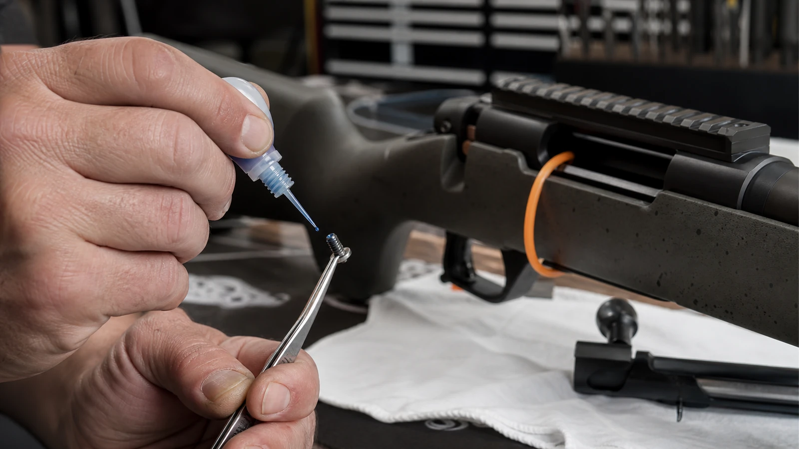 Application d'une goutte de frein filet bleu sur une vis d'embase de lunette de carabine