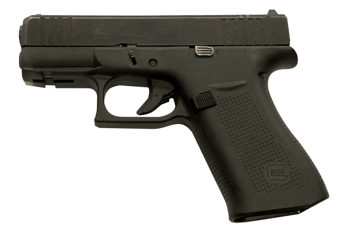 Glock 43X en calibre 9x19, vue latérale sur fond blanc