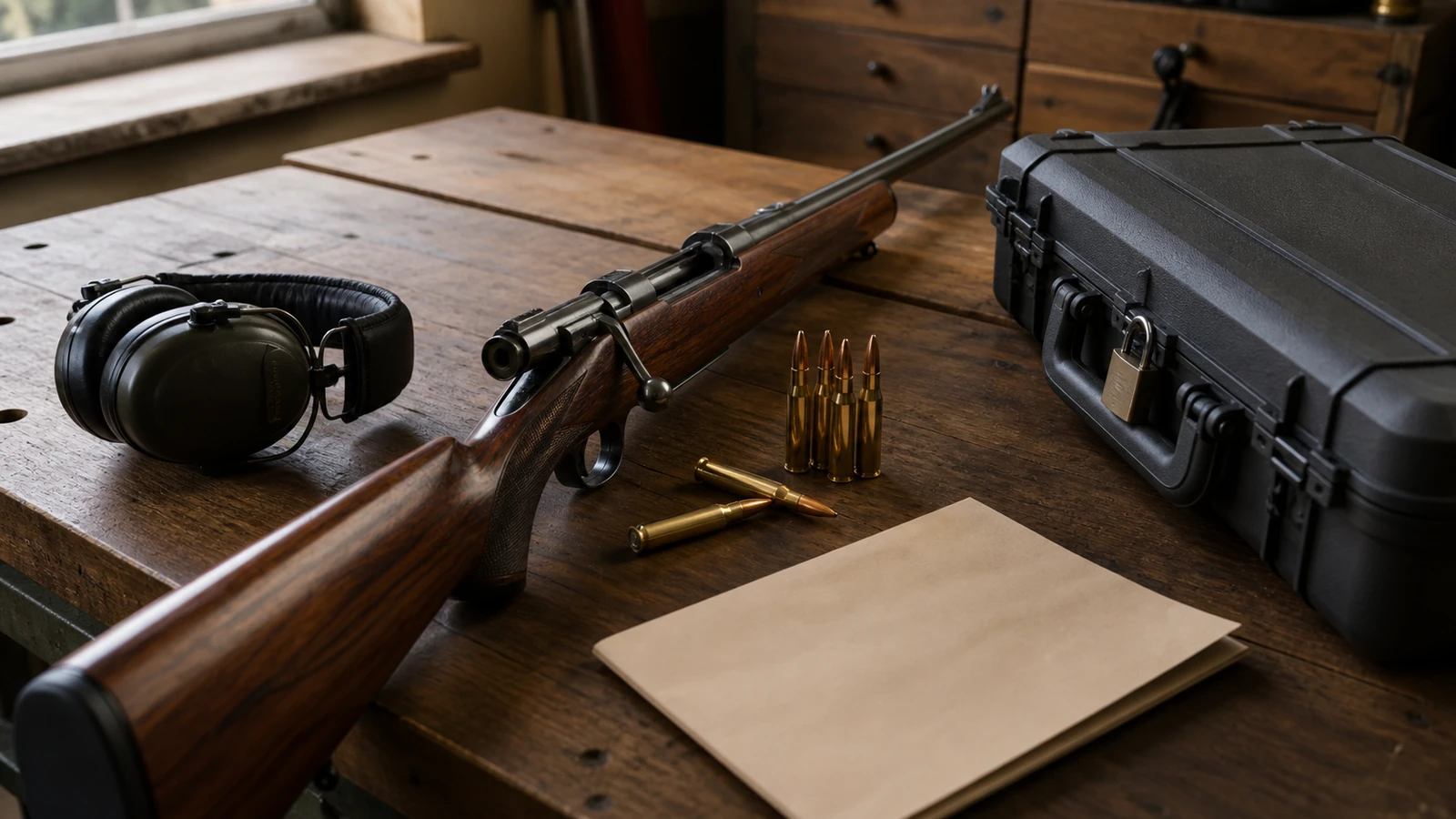 Illustration d’une carabine, de documents et de protections auditives sur une table