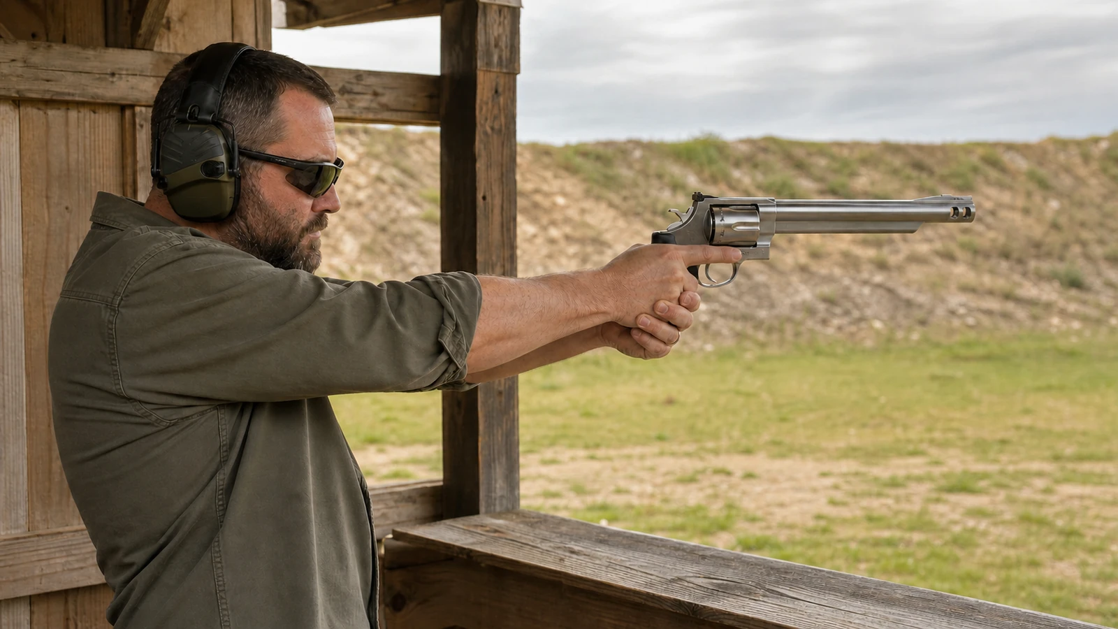 Tireur avec protections auditives tenant un revolver au stand