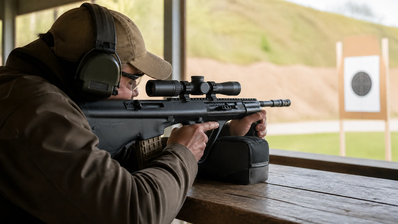 Carabine bullpup vue de profil, mécanisme et chargeur placés derrière la détente