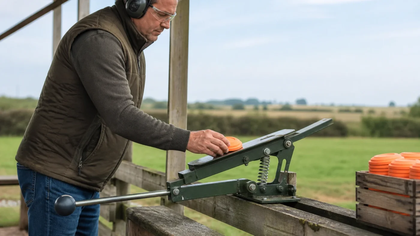 Lanceur de ball-trap automatique à barillet installé sur un terrain de tir aux plateaux