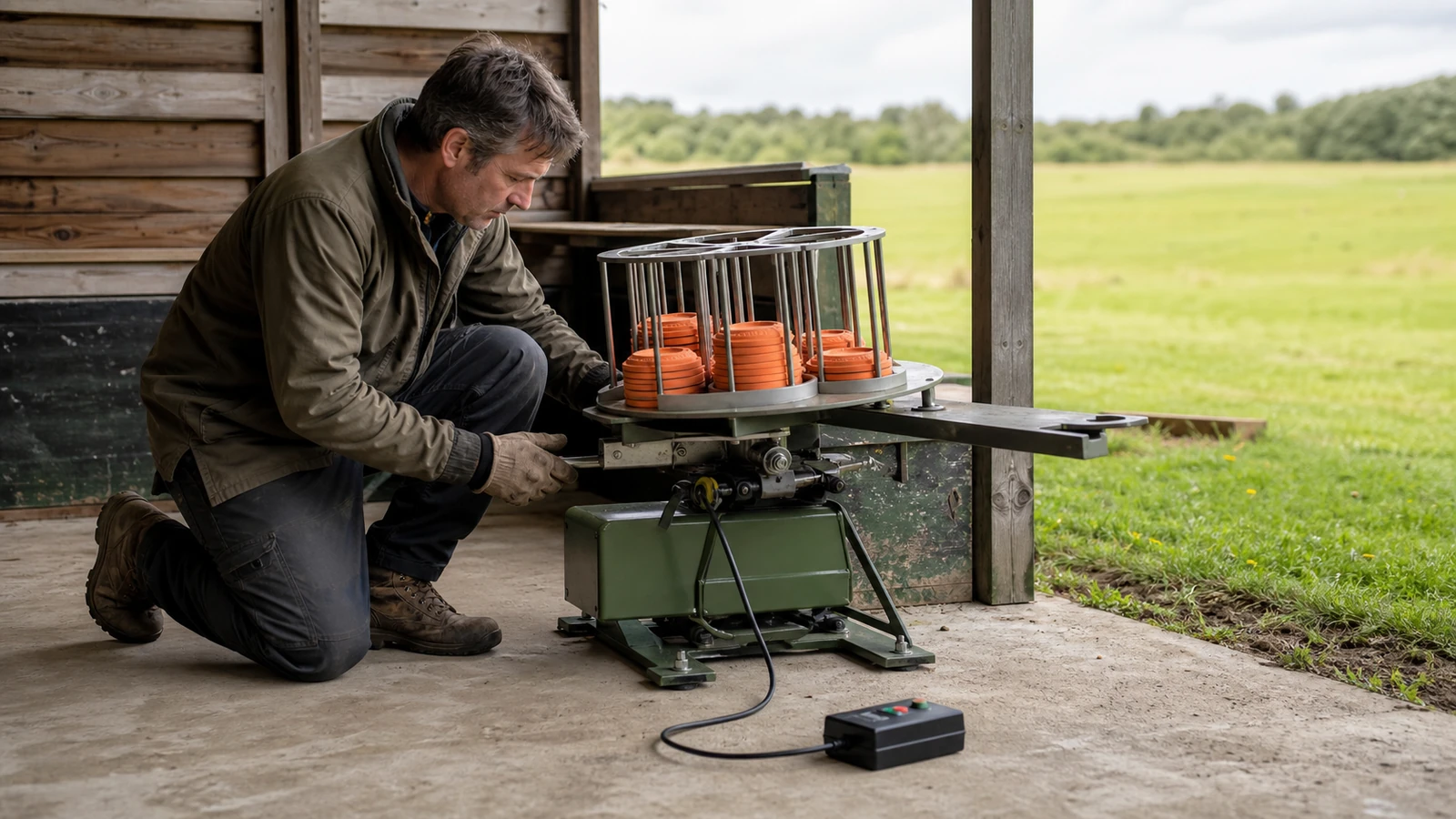 Lanceur de ball-trap automatique à barillet installé sur un terrain, plateaux d'argile en attente