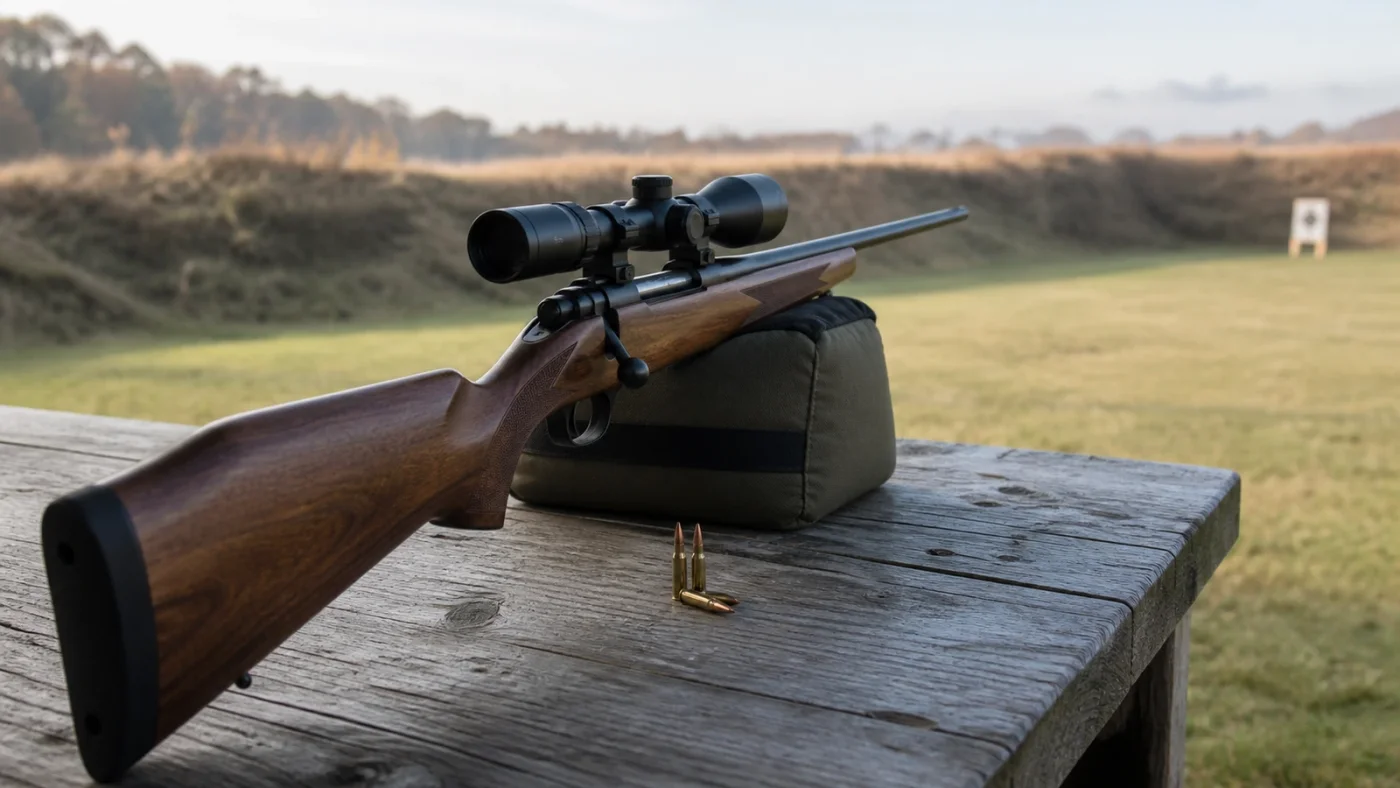 Cartouches de calibre .17 HMR et carabine à verrou sur un tapis de tir