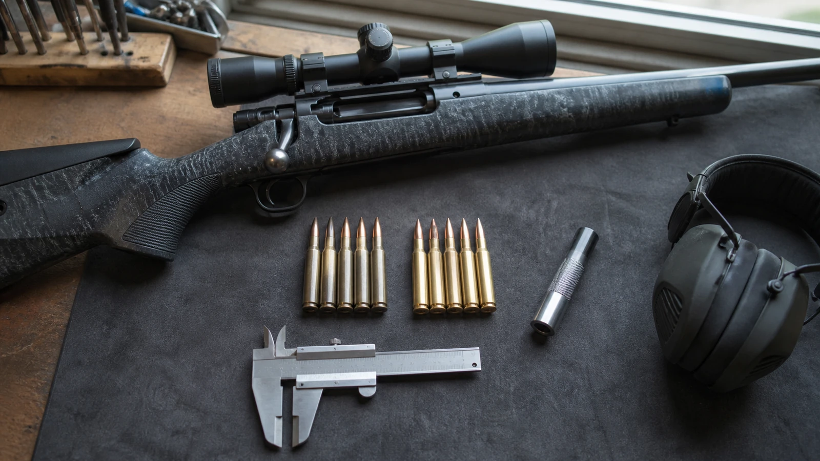 Carabine, accessoires et cartouches sur un tapis de stand