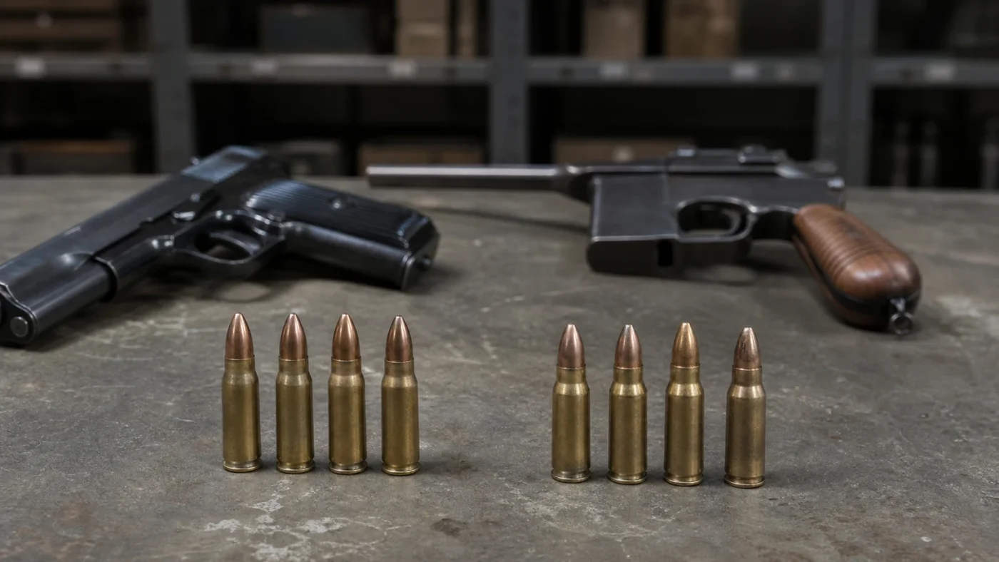 Cartouches 7,62x25 Tokarev et 7,63 Mauser comparees