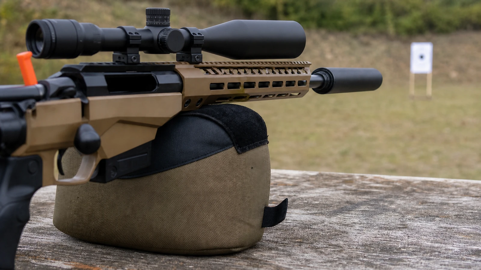 Modérateur de son monté en bout de canon sur une carabine de tir sportif