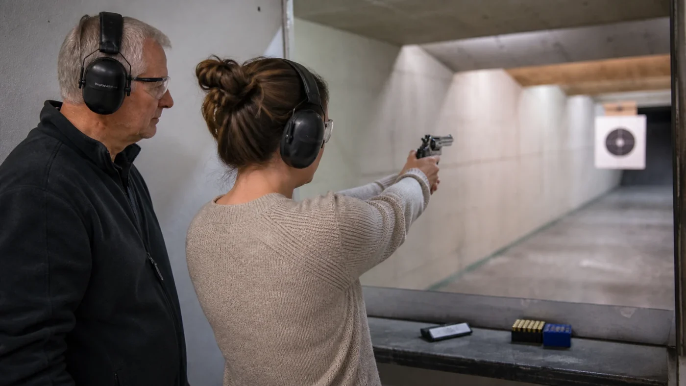 Revolver de calibre .22 Long Rifle posé sur un pas de tir avec ses cartouches