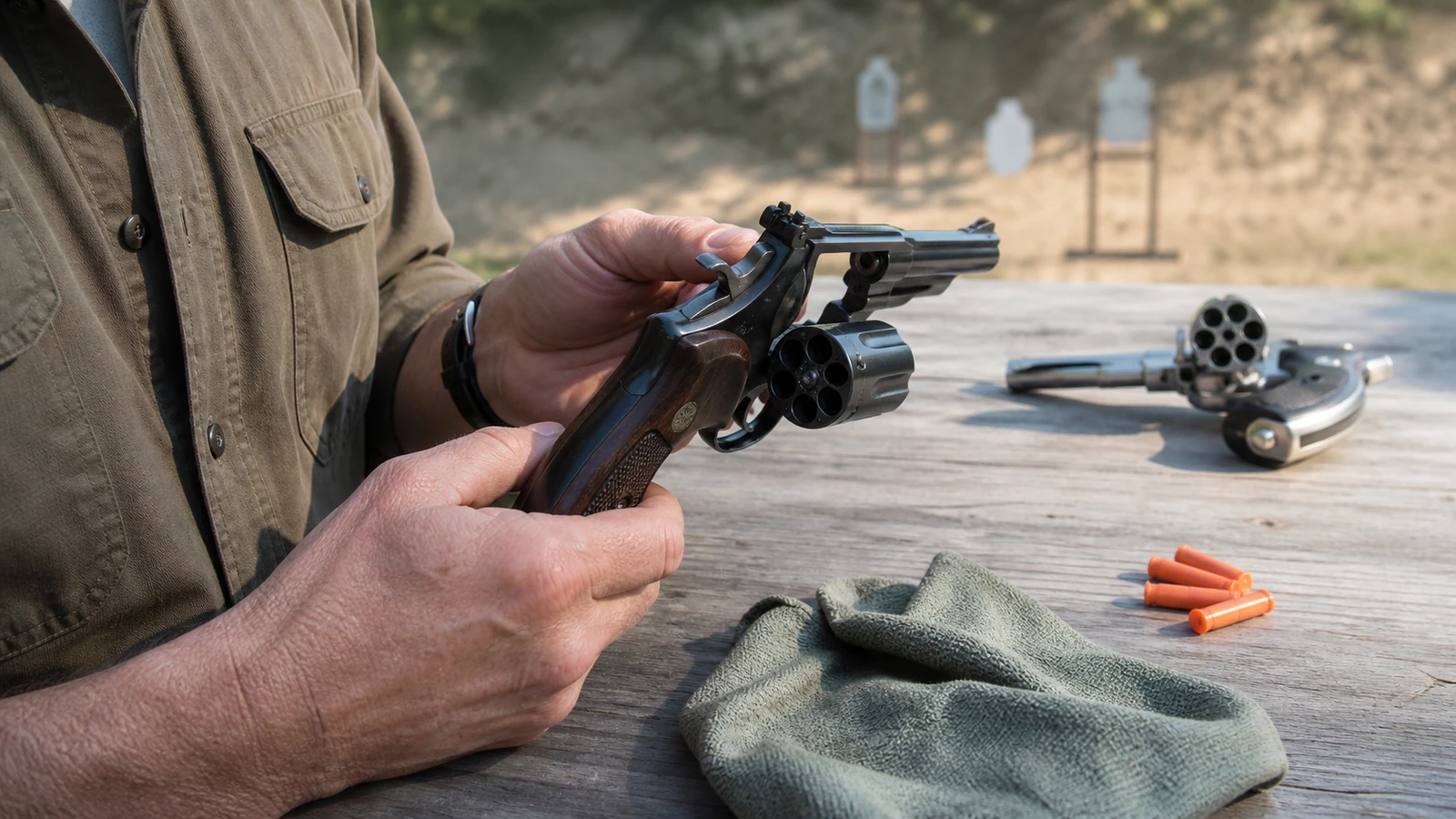 Revolver .22 LR barillet ouvert avec cartouches de calibre 22 Long Rifle sur un pas de tir