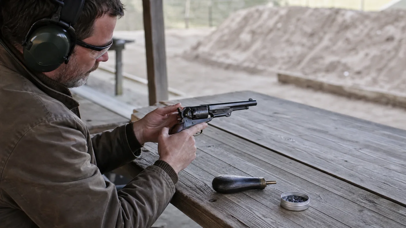 Revolver à poudre noire de type Remington 1858 posé avec ses capsules