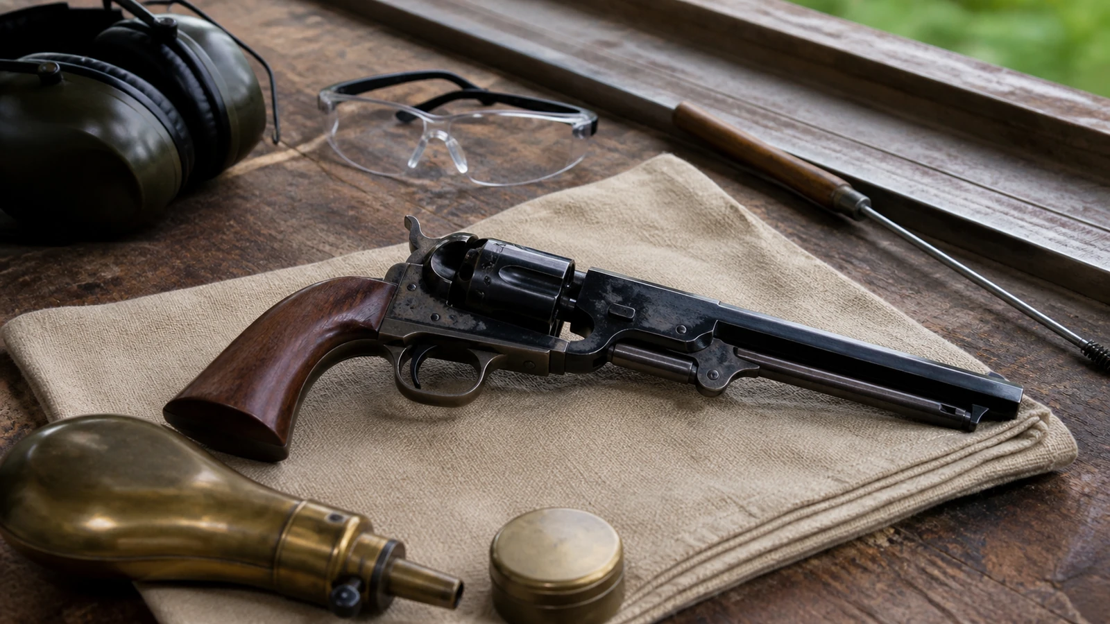 Revolver à poudre noire avec ses accessoires de chargement et ses balles rondes