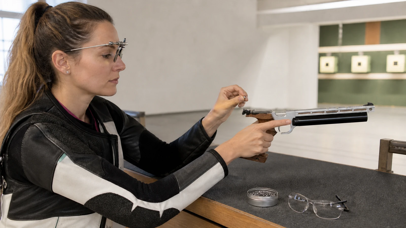Pistolet à air comprimé de match 10 mètres avec sa crosse anatomique et ses organes de visée ouverts