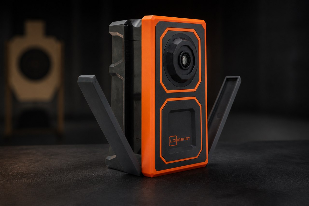 Caméra de cible LONGSHOT Ranger+ orange et noire avec ses pieds déployés