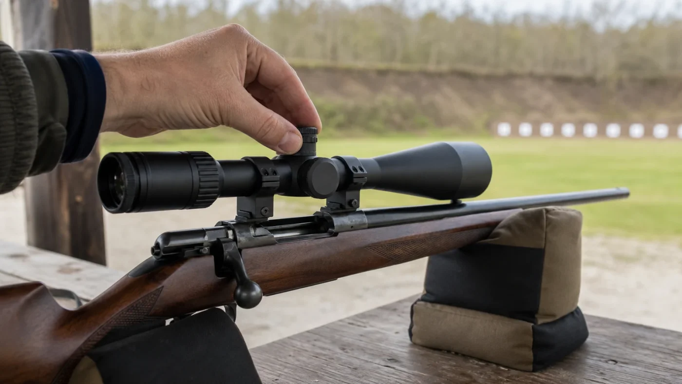 Lunette de tir montée sur une carabine de précision avec ses tourelles de réglage