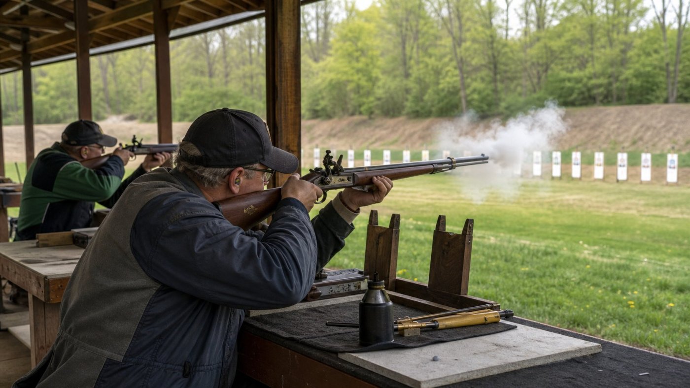Compétiteurs tirant avec des armes anciennes à poudre noire sur un pas de tir