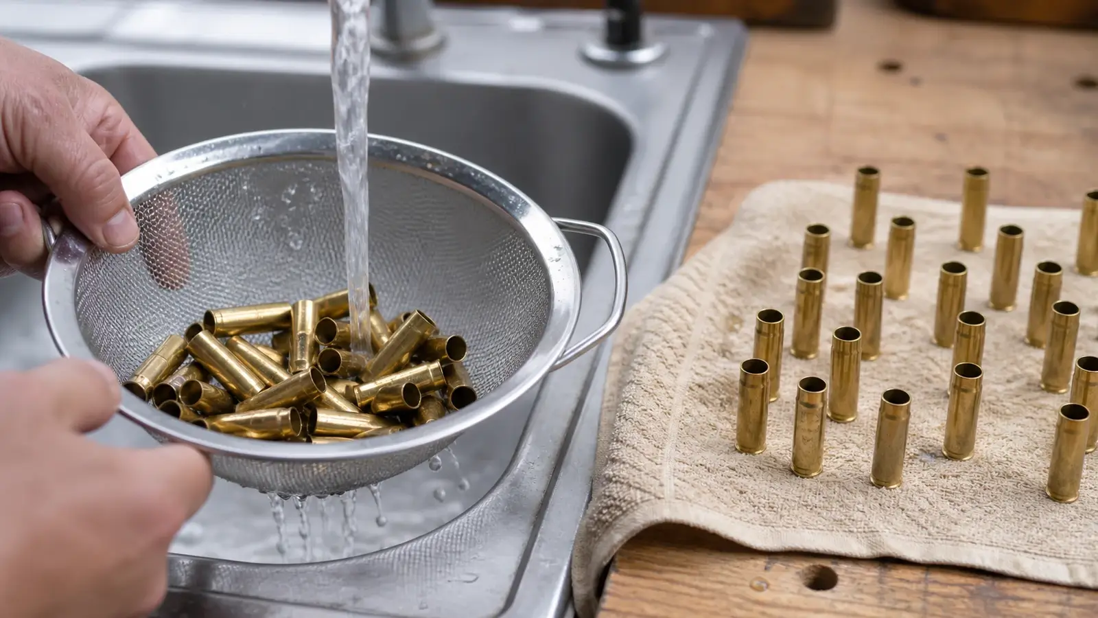 Rinçage à l'eau de douilles en laiton après nettoyage, séchage sur un linge