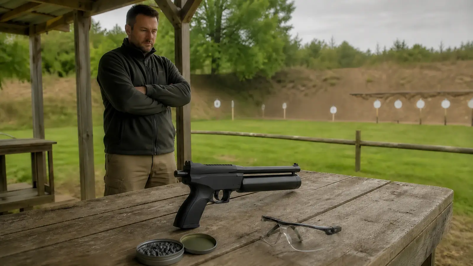 Tireur et pistolet à plomb sur un pas de tir extérieur, sécurité et distances d'utilisation
