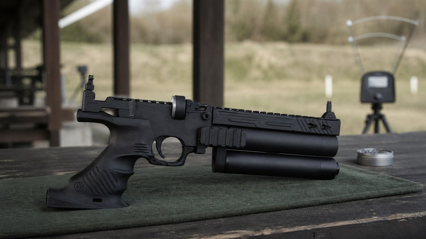 Pistolet à plomb PCP Hatsan Jet II posé de profil sur un banc de tir