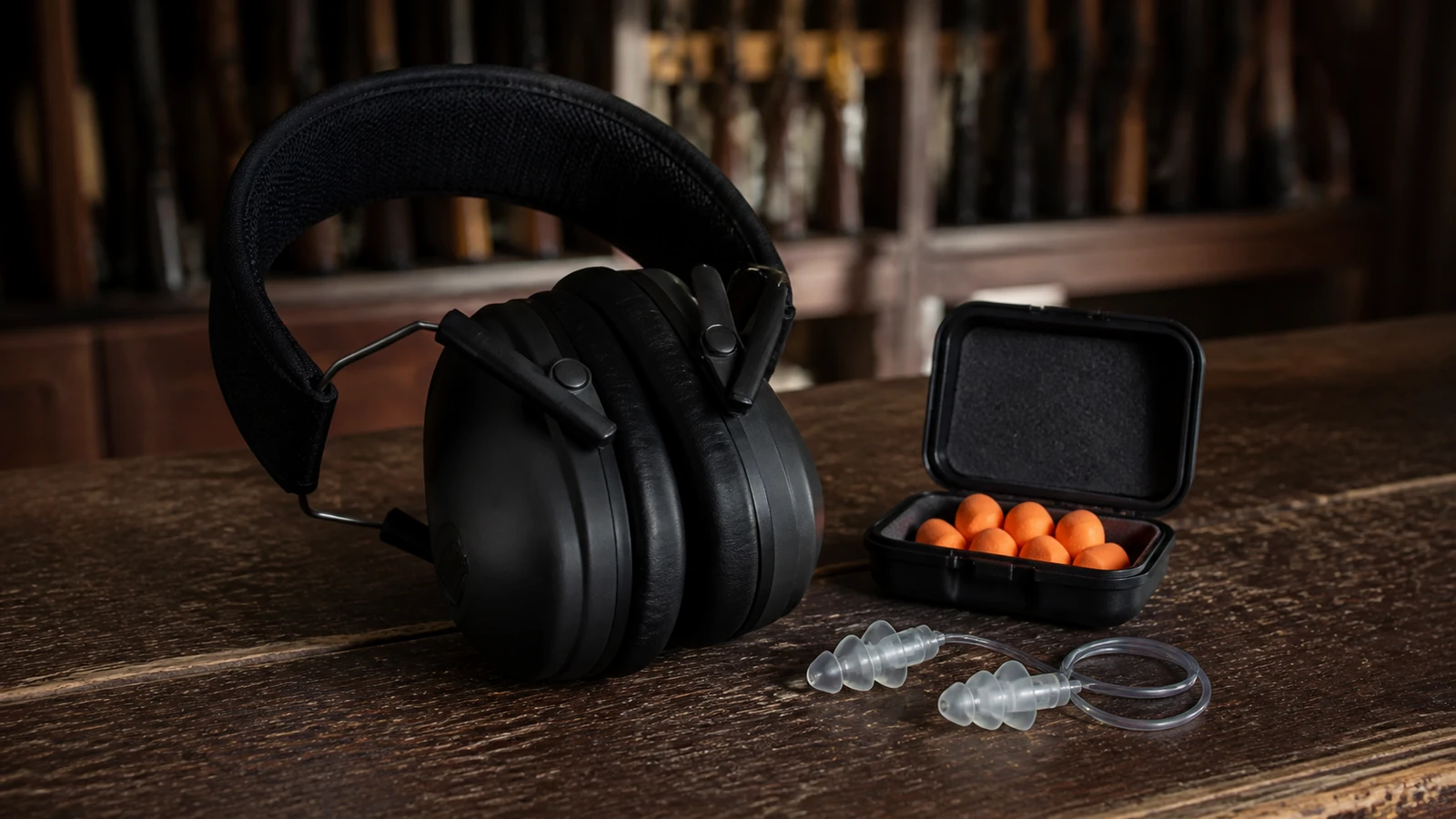 Casque anti-bruit de tir et bouchons d'oreille posés sur un banc de tir