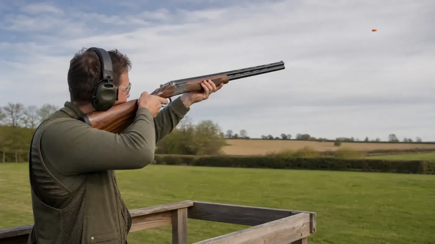 Fusil superposé de ball-trap calibre 12 sur un pas de tir