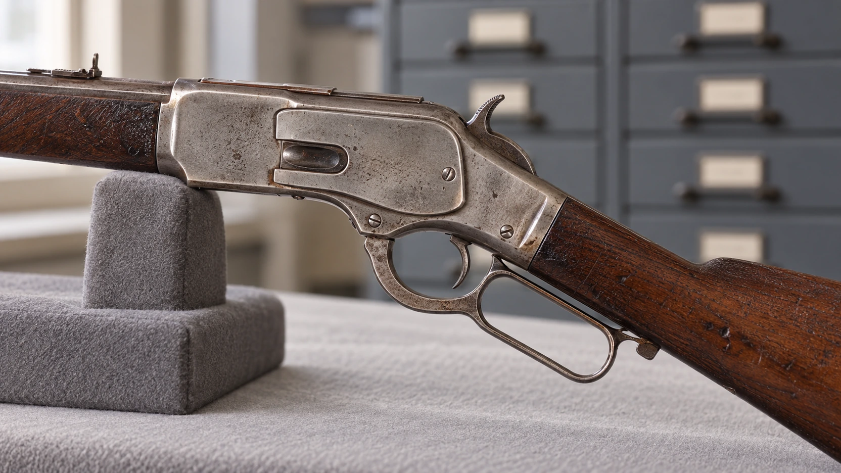 Arme avant 1900, revolver et fusil historiques de catégorie D posés sur un établi