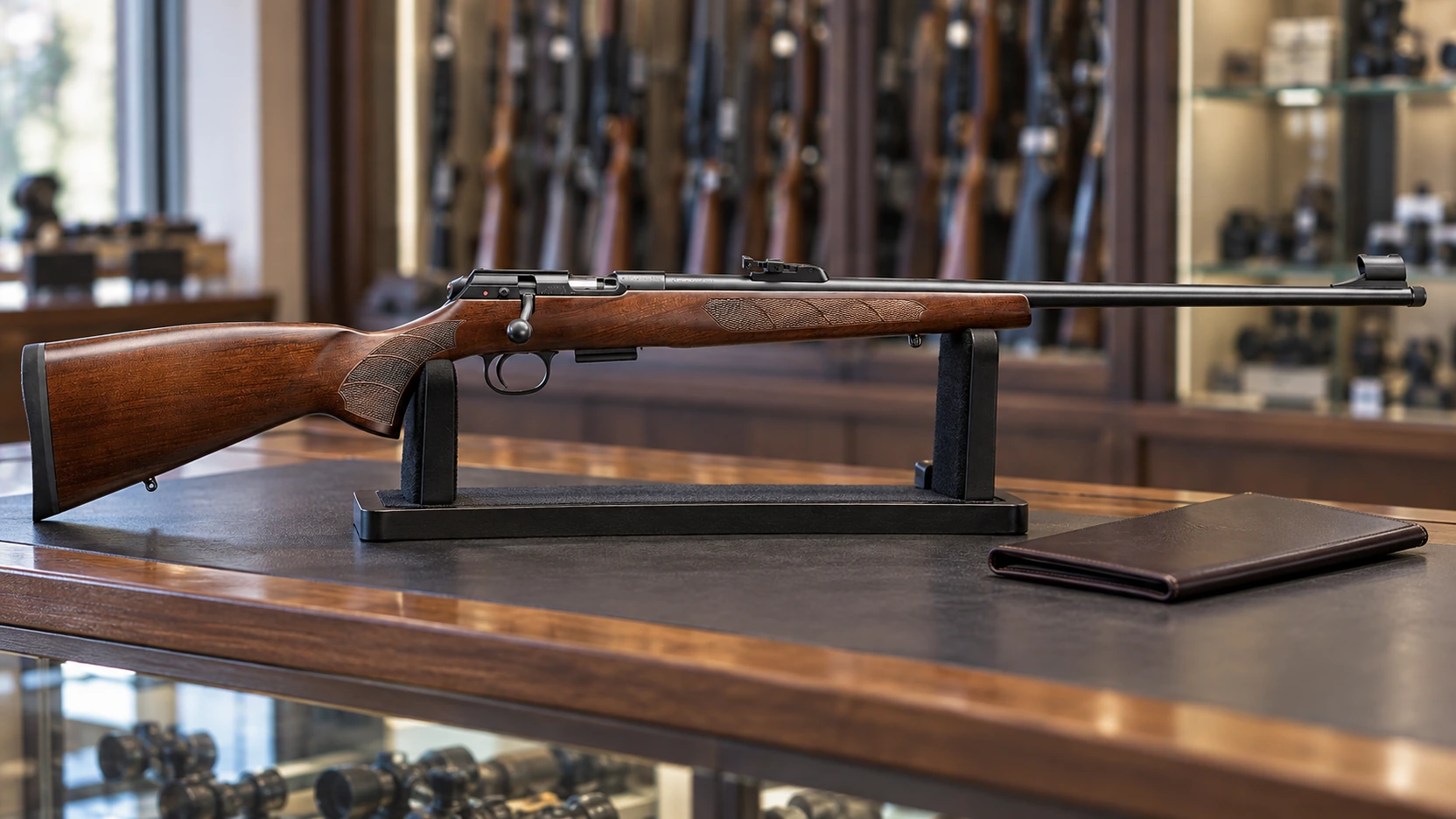 Carabine .22 Long Rifle posée sur un établi d'armurier avec les documents de déclaration