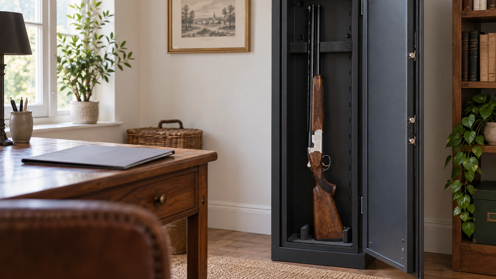 Armoire forte ouverte avec fusils rangés et munitions stockées séparément