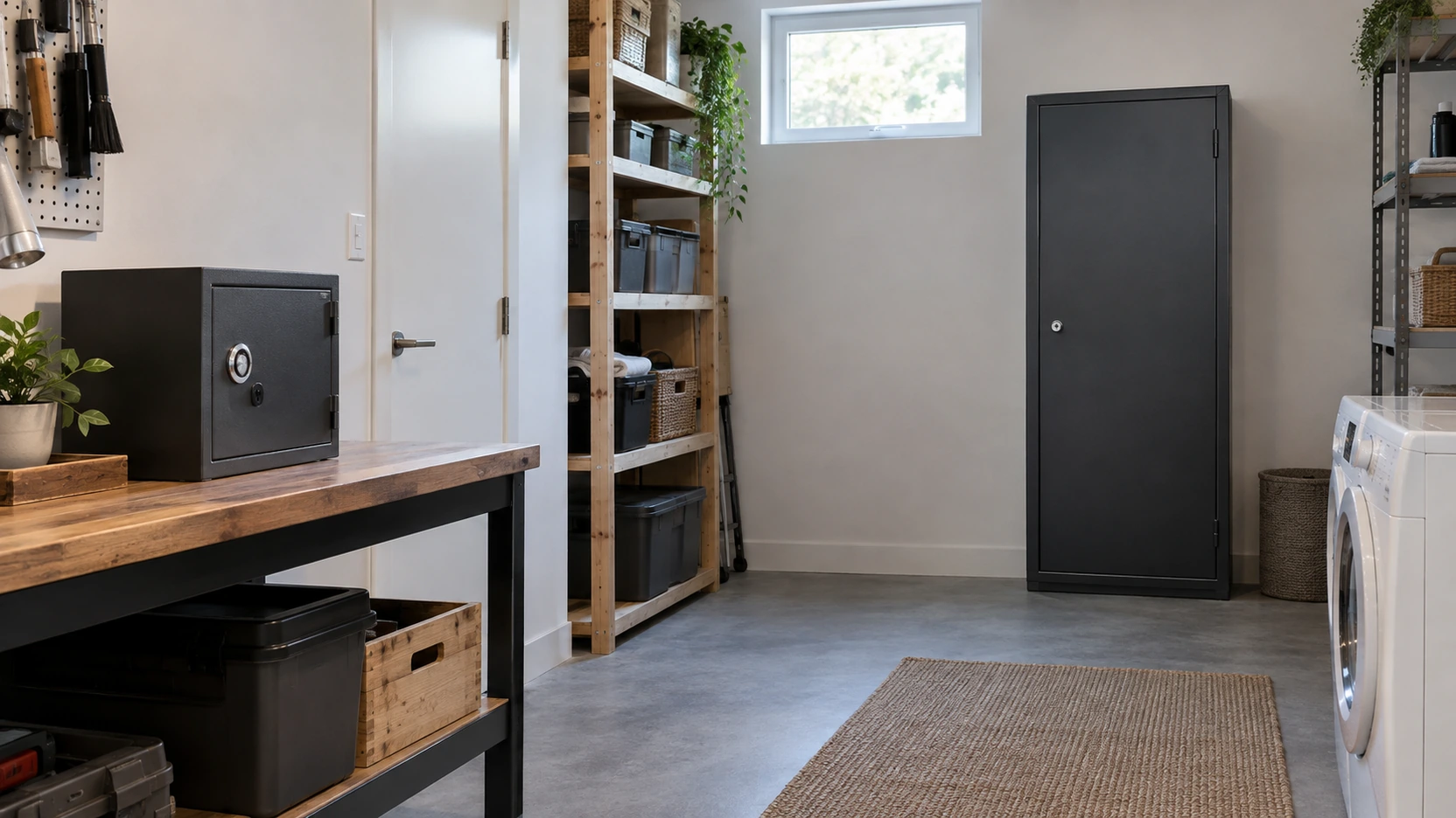 Armoire forte ouverte avec armes et boîtes de cartouches rangées à domicile
