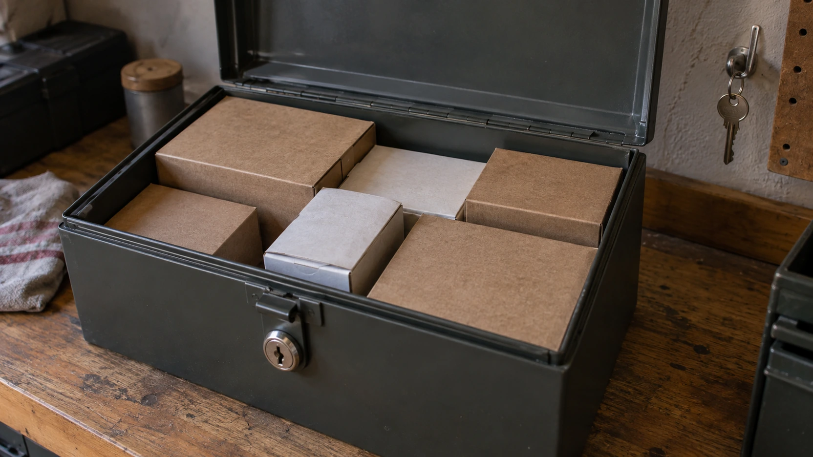 Caissette intérieure verrouillée d'une armoire forte contenant des boîtes de cartouches