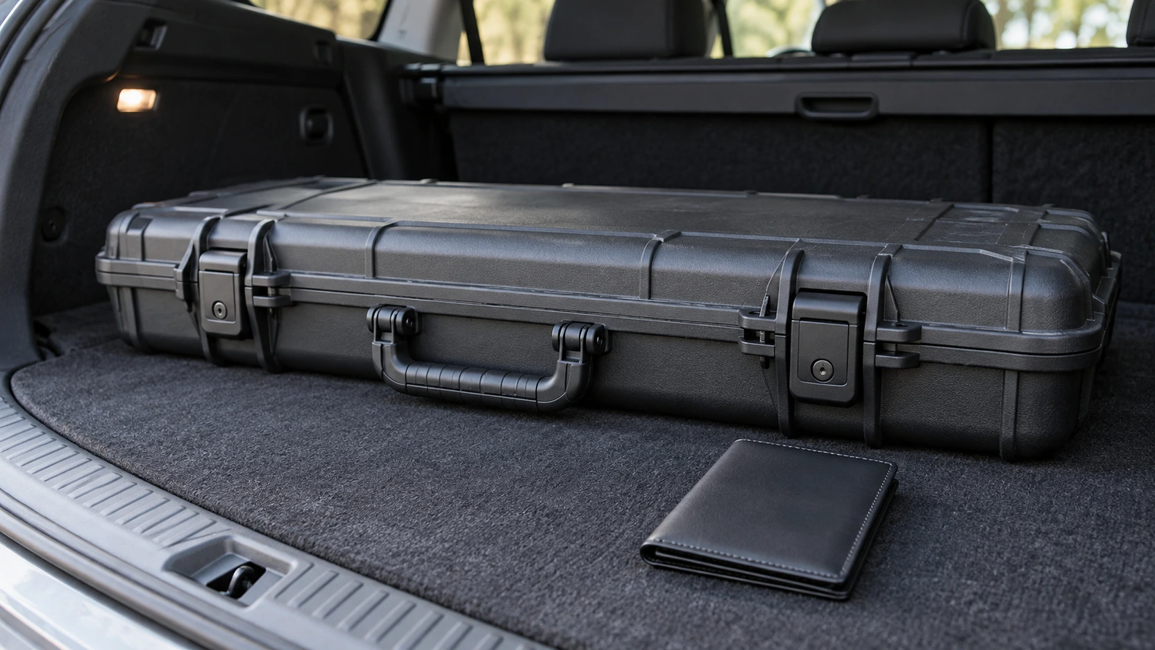 Mallette de transport ouverte dans un coffre de voiture avec des documents posés dessus